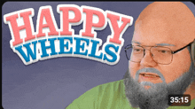 a bald man with glasses and a beard is playing a game called happy wheels