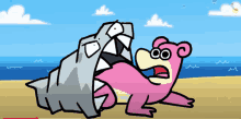 a cartoon of a shark and a pink bear laying on a beach