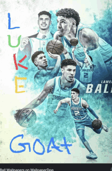 a poster of a basketball player with the word goat written in blue