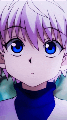 a close up of a anime character with blue eyes