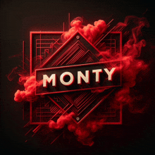 the word monty is surrounded by red smoke in a square