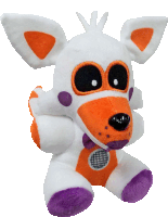 a white and orange stuffed animal with purple feet and ears