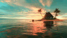 a small island in the middle of the ocean with a house on it and palm trees