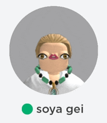 a cartoon of a woman with a green necklace and the name soya gei