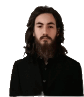 a man with long hair and a beard wearing a black shirt