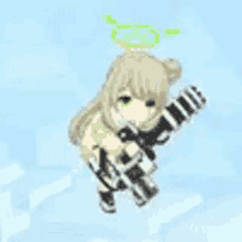 a girl is holding a gun in a video game while flying through the air .