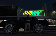 a man is standing in front of a subway store