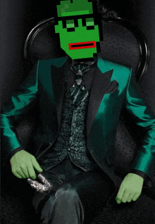 a man in a green suit has a green pixelated face on his face