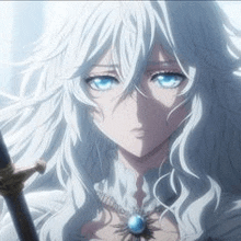 a girl with long white hair and blue eyes is holding a sword and wearing a necklace .