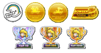 a collection of mario kart trophies and stickers