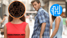 a man and a woman are standing next to each other with the word hodltoken.net in the corner