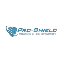 the logo for pro-shield roofing and construction is a blue and gray logo .