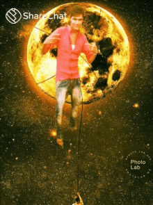 a man in a red shirt is hanging from a rope in front of a full moon on a sharechat photo