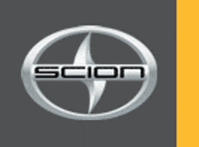 the scion logo is on a gray and yellow background