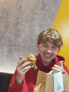 a young man in a red hoodie is holding a mcdonald 's bag and a sandwich