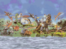 a painting of dinosaurs fighting each other with a helicopter in the background