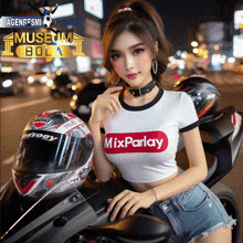 a woman is sitting on a motorcycle wearing a mixparlay shirt