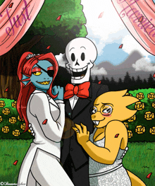 a cartoon of a bride and groom with a sign that says just married behind them