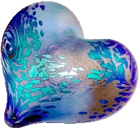 a blue and purple glass heart with a swirl pattern