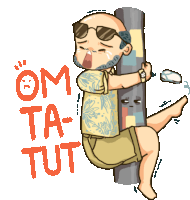 a cartoon of a man sitting on a pole with the words om ta tut written below him