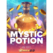 a poster for mystic potion with a bottle of liquid and gold coins