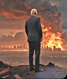 a man in a suit stands on top of a hill looking at a city in flames