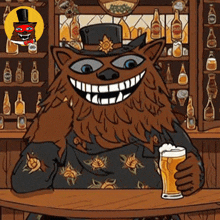 a cartoon drawing of a man holding a glass of beer in a bar