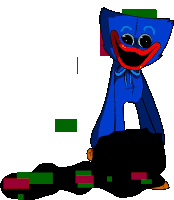 a blue cartoon character with a red mouth is standing next to a black object .