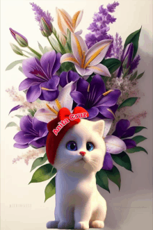 a white cat wearing a red hat with anita cruz on it