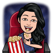 a cartoon of a woman sitting in a chair holding a bag of popcorn