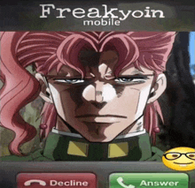 a man with pink hair is talking on a freakyoin mobile call