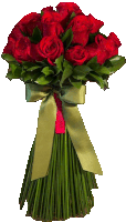 a bouquet of red roses with a green ribbon and a tag that says ' love ' on it