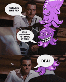 a cartoon of a man talking to a purple octopus that says sell me this pen