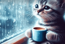 a kitten is holding a cup of coffee and looking out the window