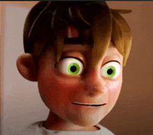 a cartoon character with green eyes is smiling and looking at the camera .