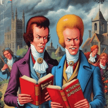 a cartoon drawing of two men reading beavis and butthead and wuthering bungholes