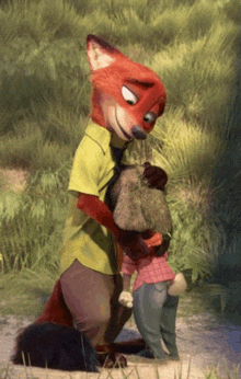 a cartoon fox is hugging a girl in a field