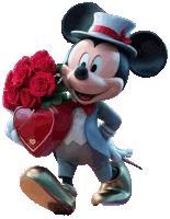 mickey mouse is holding a heart and roses in his hand