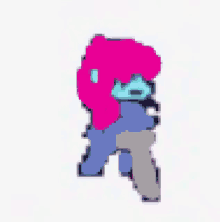 a pixel art drawing of a person with a pink hat and a purple shirt .