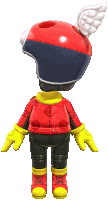 a cartoon character is wearing a red and blue helmet with wings