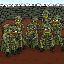 a group of frogs in military uniforms are sitting in a trench