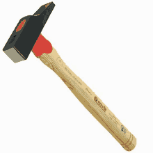 a hammer with a wooden handle and a red rubber grip on a white background .