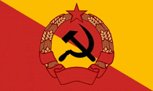 a red and yellow flag with a hammer and sickle in the middle