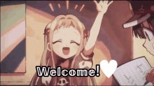 a picture of a girl with her hand in the air and the words welcome