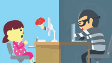 a cartoon of a girl holding flowers and a man in a mask sitting at a desk