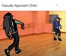 a cartoon of two people dancing in a dance studio with the caption casually approach child