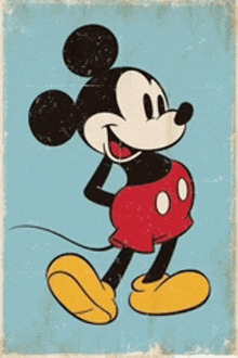 a cartoon drawing of mickey mouse standing on a blue background