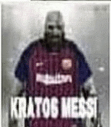 a man with a beard is wearing a soccer jersey with the name kratos messi written on it .