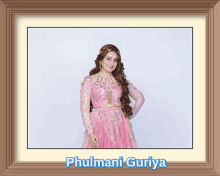 a woman in a pink dress is standing in front of a white background in a picture frame .