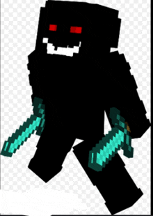 a black minecraft character with red eyes is holding two swords